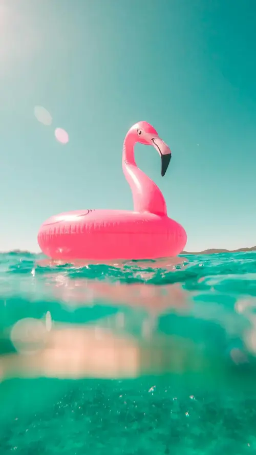 Pink flamingo buoy floating on a turquoise sea