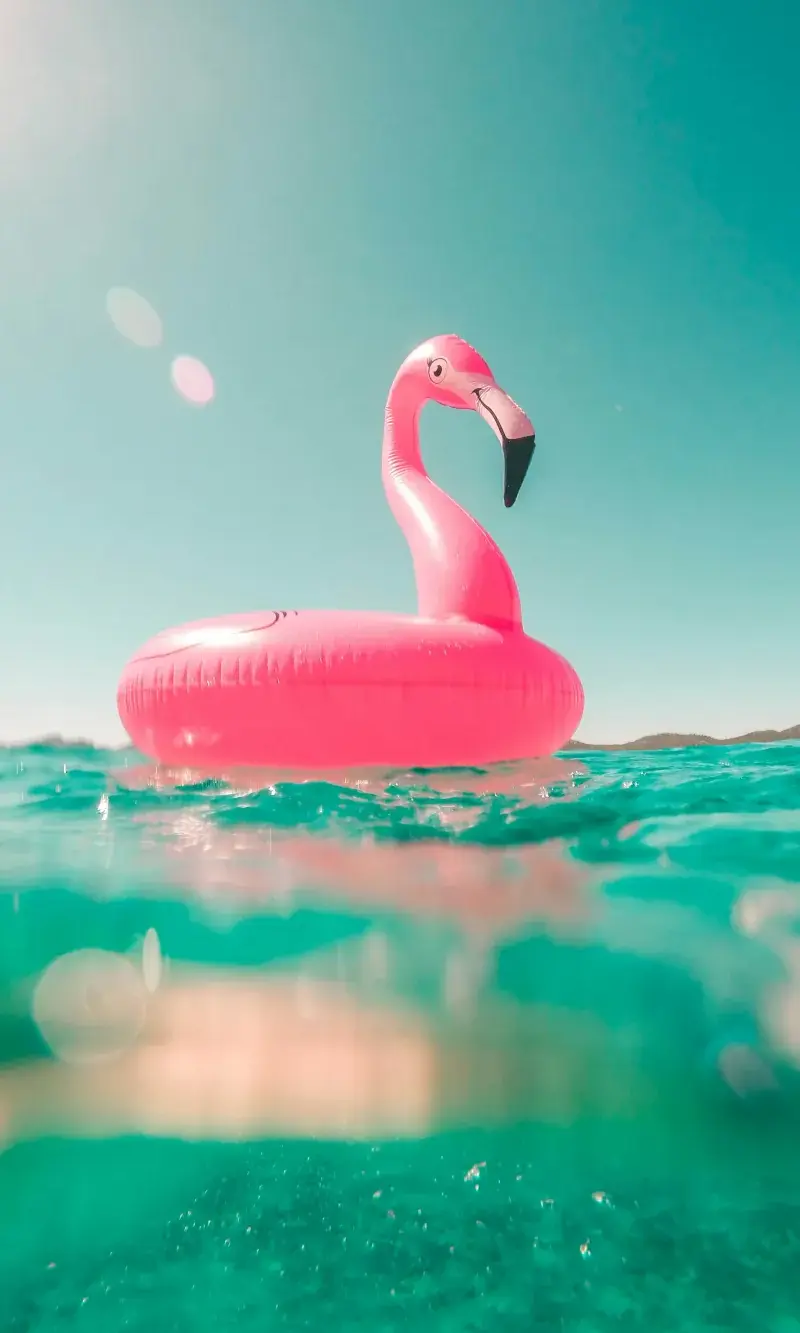 Bouée flamant rose flottant sur une mer turquoise