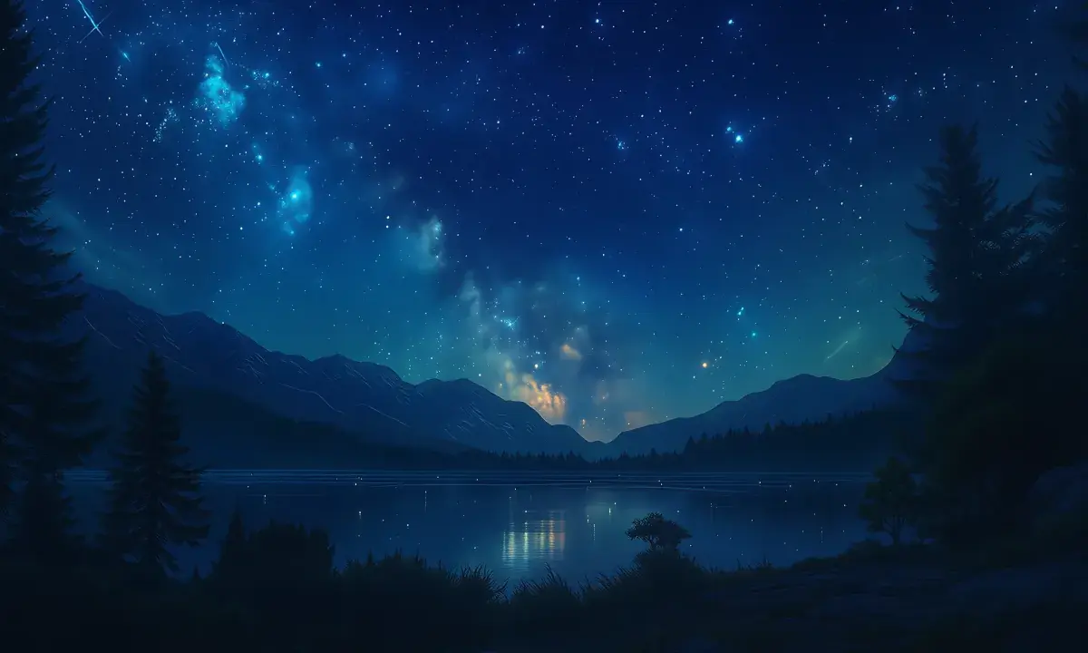 Illustration ciel étoilé avec lac et montagnes