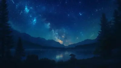 Starry sky with lake and mountains illustration