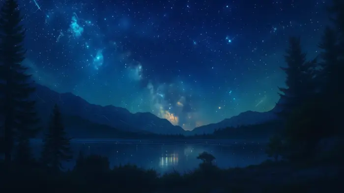 Illustration ciel étoilé avec lac et montagnes