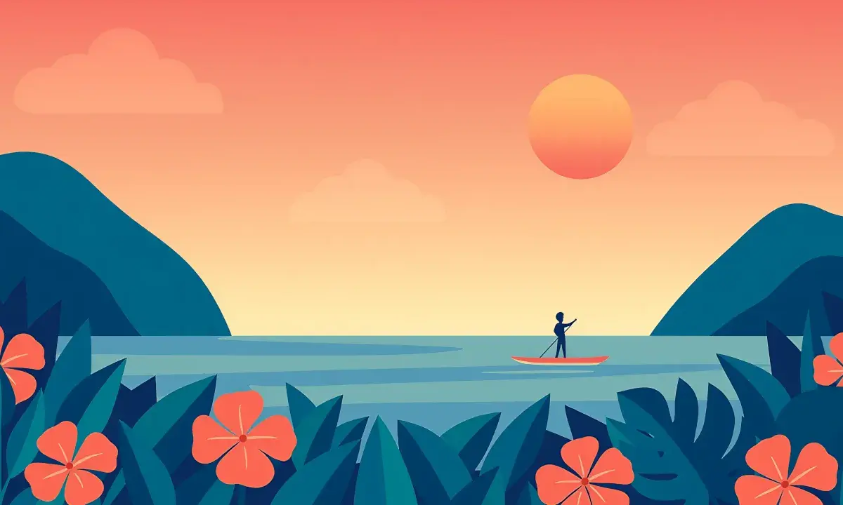 Paddleboard sur une mer tropicale avec des fleurs et des montagnes
