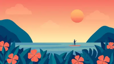 Paddleboarding on a tropical sea with flowers and mountains
