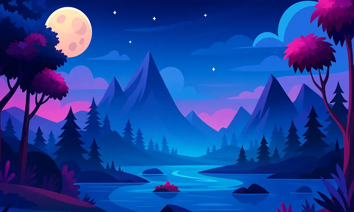 Paysage de nuit avec rivière, montagnes et pleine lune