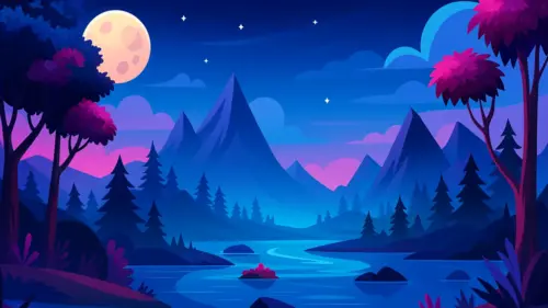 Night landscape with river, mountains and full moon wallpaper HD 4K for desktop