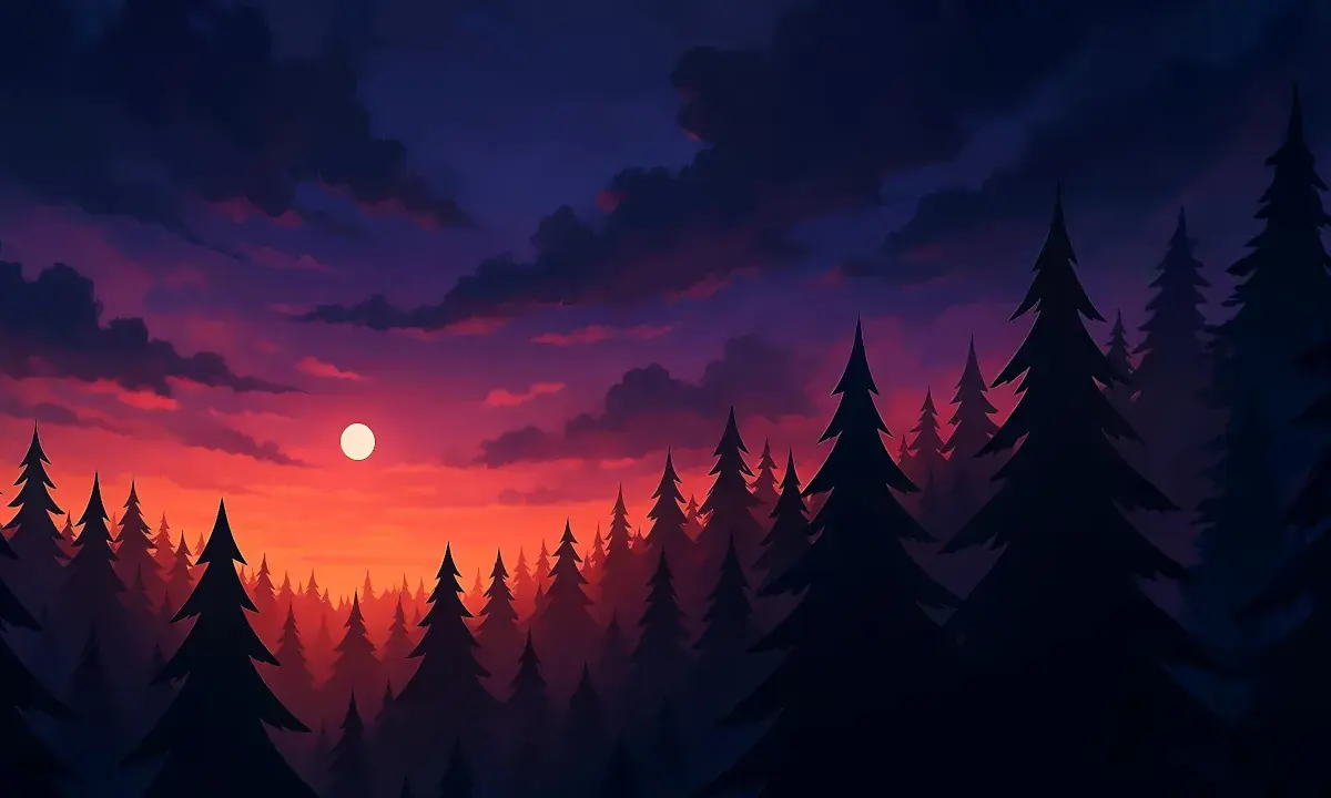 Forest at dusk mystical sunset