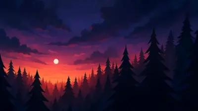 Forest at dusk mystical sunset