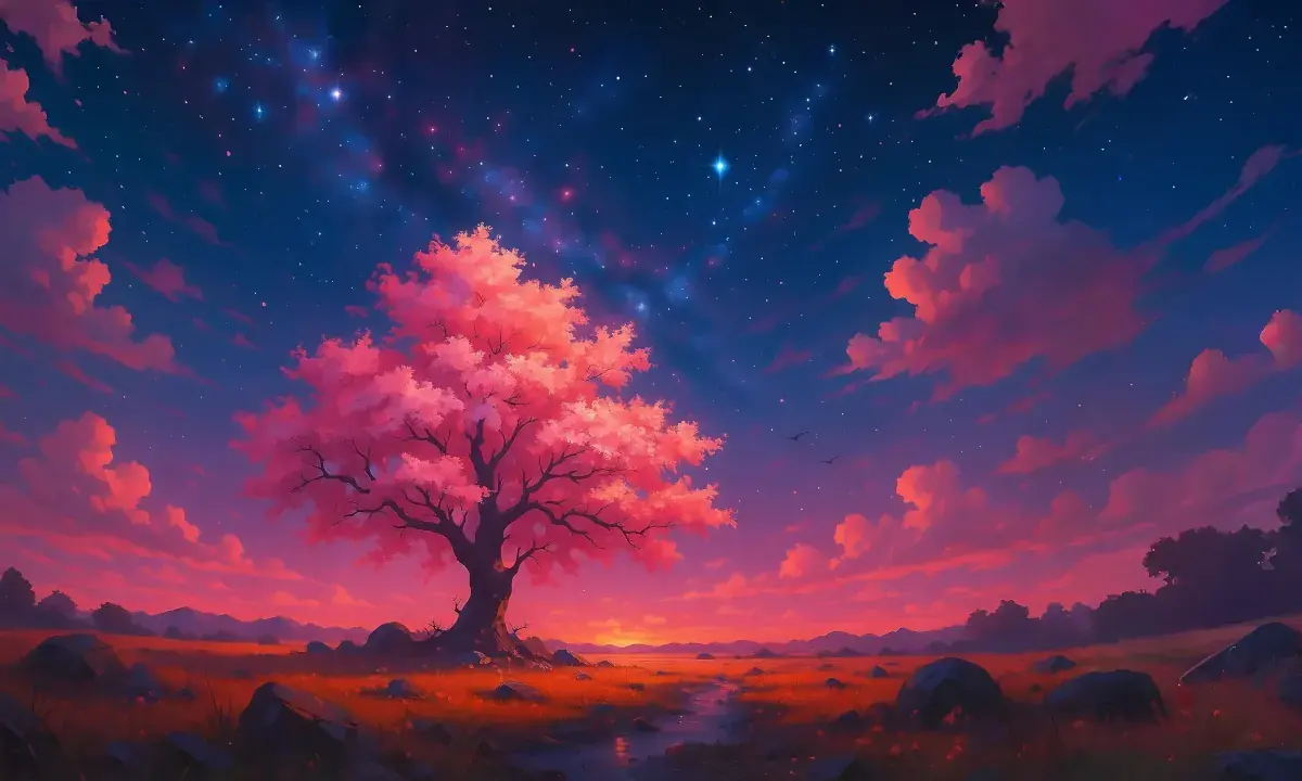Paysage onirique d'arbre lumineux et de nuit étoilée