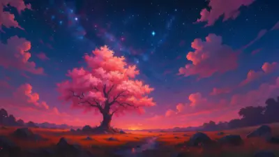 Dreamlike landscape of luminous tree and starry night