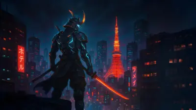 Neon warrior against futuristic Tokyo