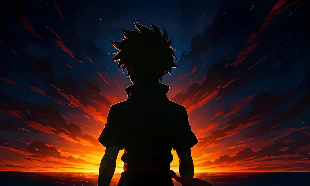 Manga guerrier et horizon rouge et ciel enflammé