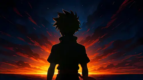 Manga warrior and red horizon and flaming sky