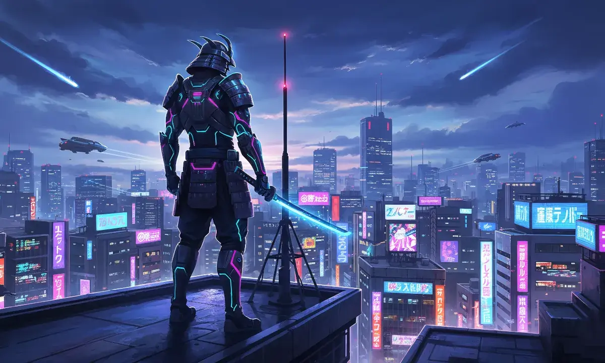 Guerrier futuriste dans la ville néon