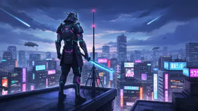 Futuristic warrior in neon city