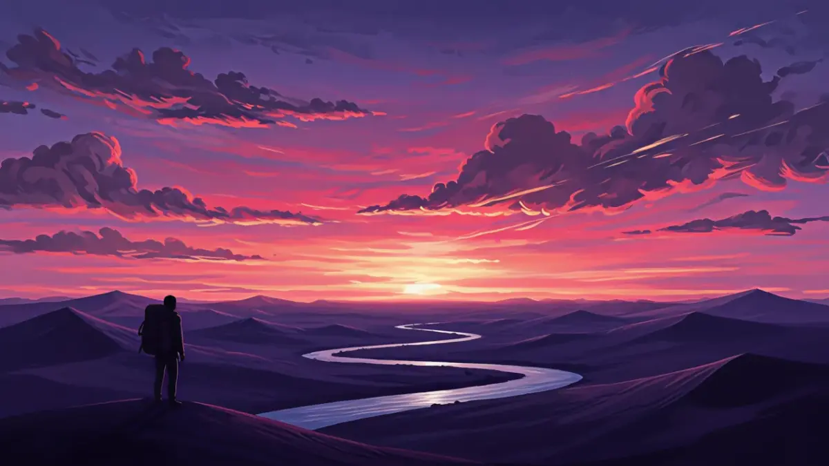 Coucher de soleil voyageur et paysage montagne