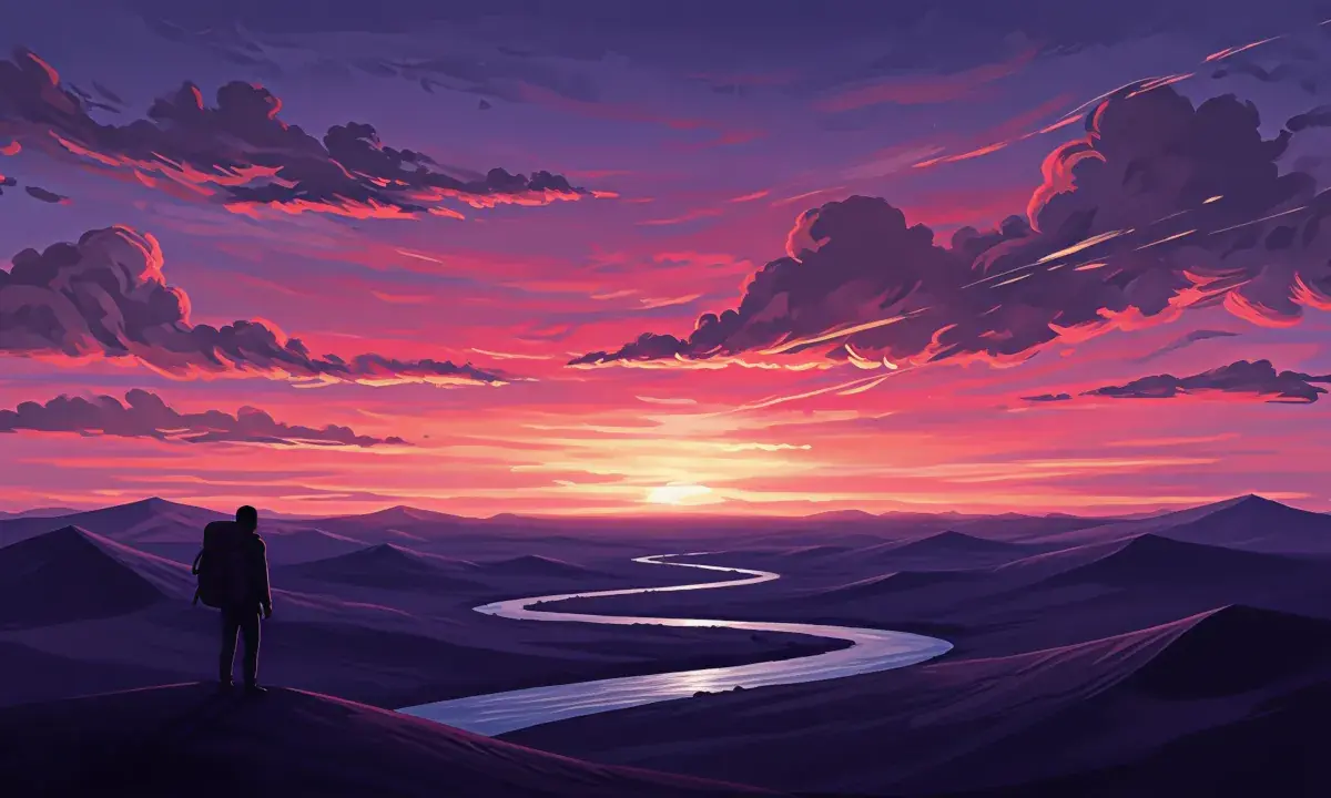 Coucher de soleil voyageur et paysage montagne