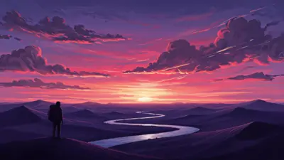 Sunset traveler and mountain landscape