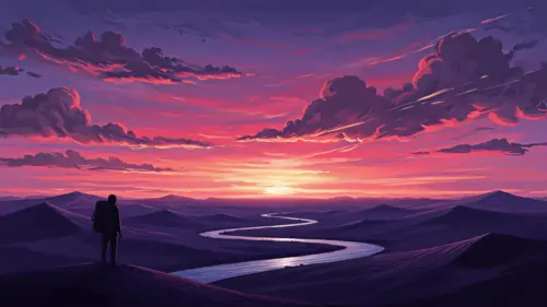 Sunset traveler and mountain landscape wallpaper HD 4K for desktop
