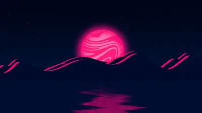 Pink moon and minimalist futuristic landscape