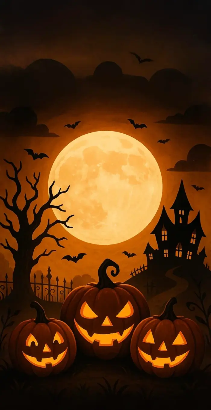 Halloween Pumpkins and Full Moon Terrifying Atmosphere