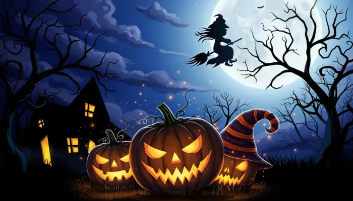 Halloween with pumpkins and dark haunted house