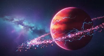 Univers Futuriste Planète Rouge et Anneaux Électriques