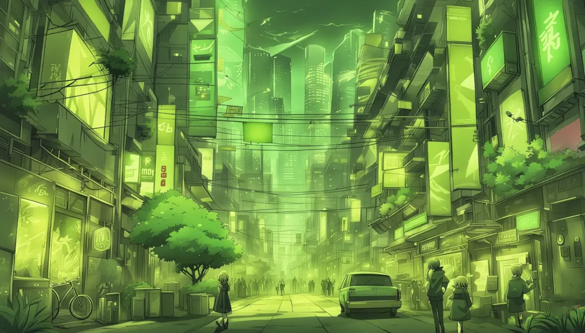 Glowing Green Cyberpunk, Futuristic Japan