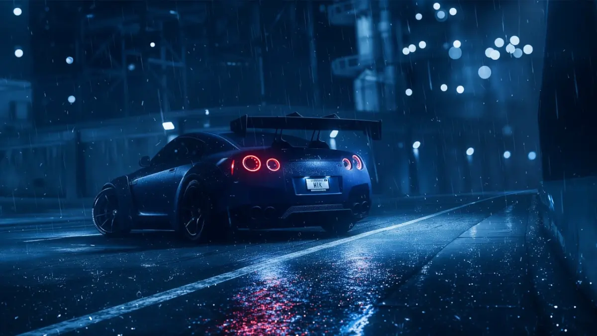Nissan GTR paysage nuit sous la pluie