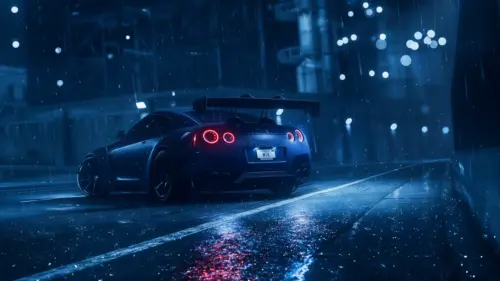 Nissan GTR paysage nuit sous la pluie