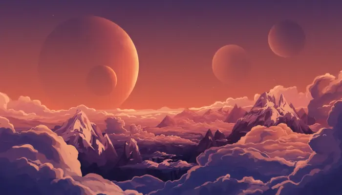 Mountainous landscape with planets