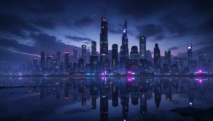 Ville futuriste la nuit avec reflets
