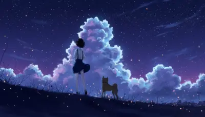 Anime ciel étoilé avec chien et nuages magiques