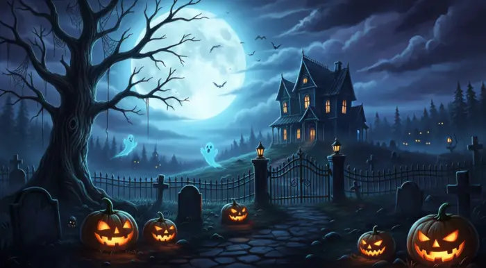 Halloween Haunted Mansion and Pumpkins