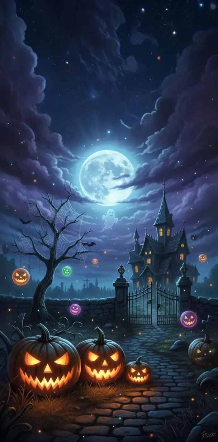 Magical Halloween with Pumpkins and Full Moon