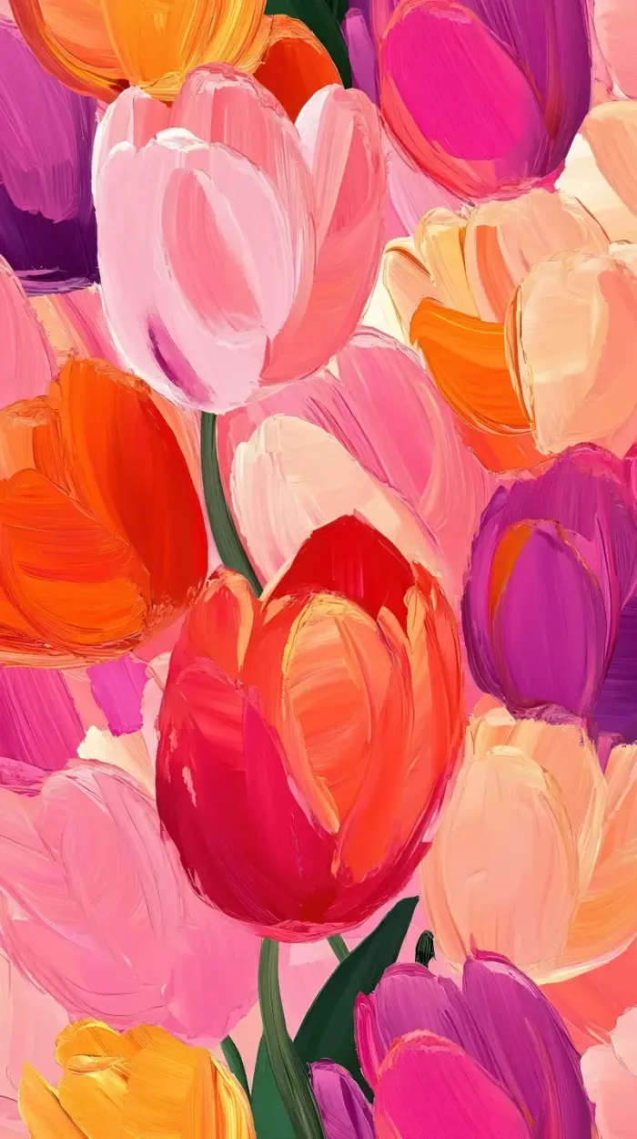 Colorful tulips in oil painting