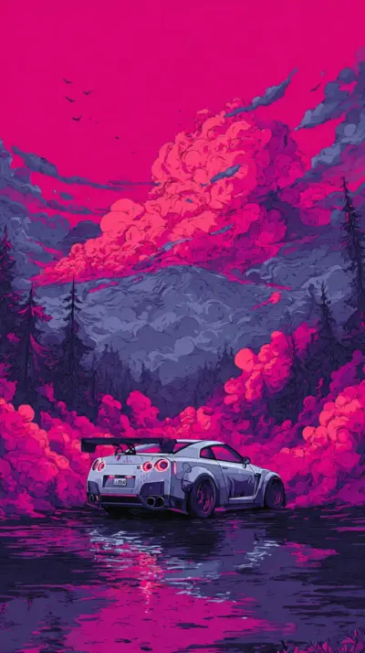 Illustration Paysage et Nissan GTR fonds d’écran HD 4K pour téléphone