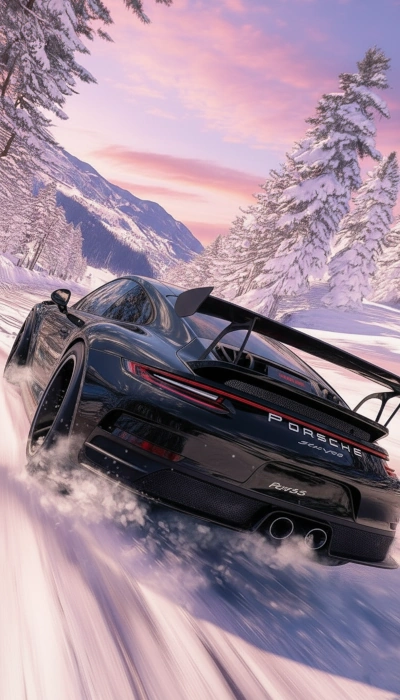 Black Porsche 911 in the snowy mountains