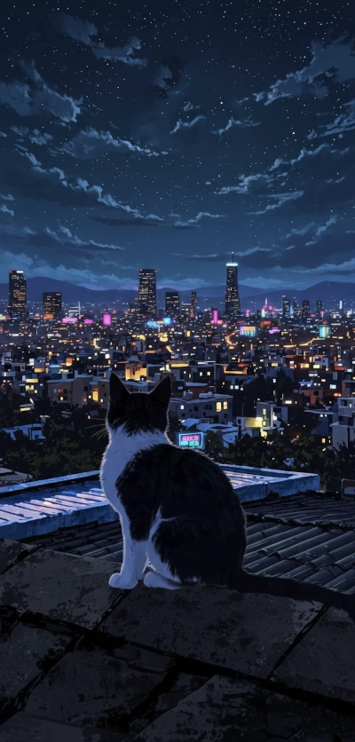Little cat on a rooftop, urban starry night