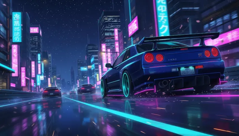 Race Nissan Skyline R34 Cyberpunk futuristic city
