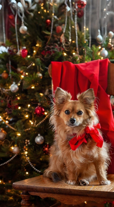 Christmas dog in front of the tree