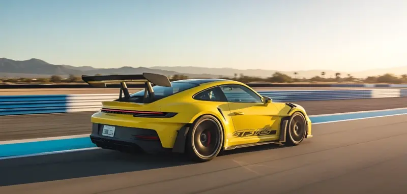 Yellow Porsche 911 GT3 RS on a racetrack