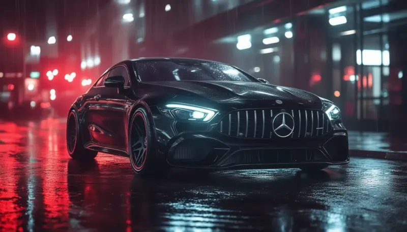 Illustration of a black Mercedes AMG in the rain