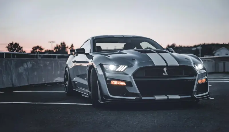 Photograph of a Ford Mustang at sunset