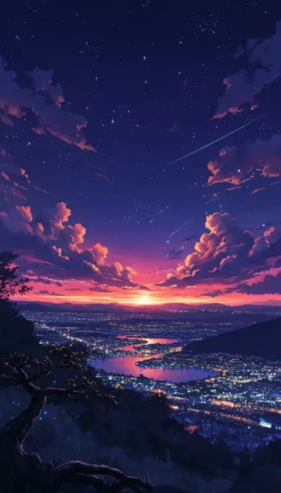 Ville et montagne au crépuscule ambiance anime
