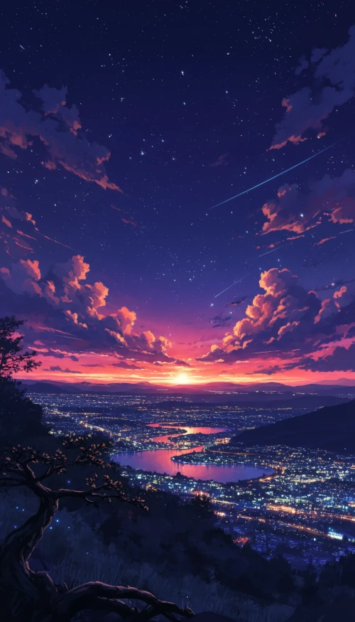 City and mountain at dusk, lively atmosphere