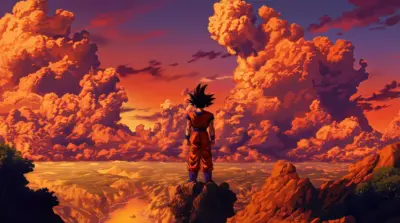Paysage nuageux et Son Goku sur la montagne