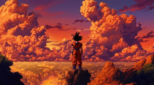 Paysage nuageux et Son Goku sur la montagne fonds d’écran HD 4K pour ordinateur