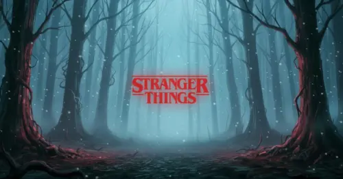 Stranger Things landscape with logo wallpaper HD 4K for desktop