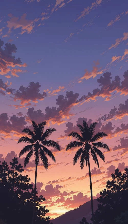 Illustration of a palm tree at sunset