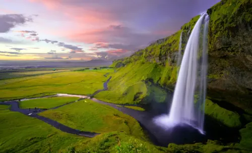 Majestic waterfall at sunset wallpaper HD 4K for desktop